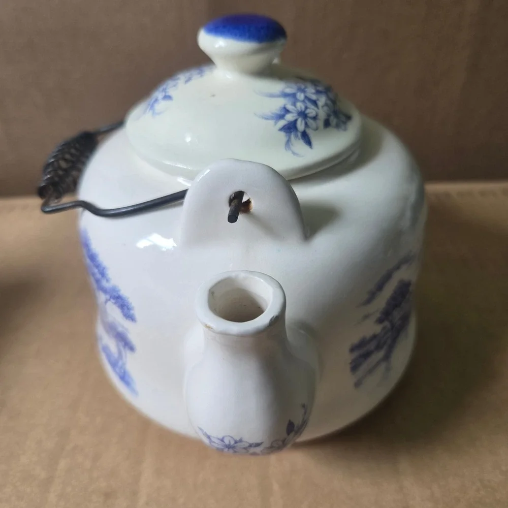 Vintage Blue White Ceramic Teapot Country Scene Windmill Wire Handle Japan Read!